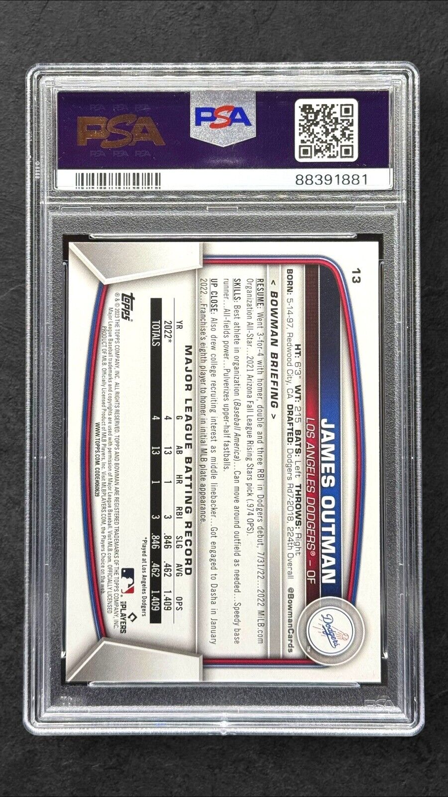 2023 Bowman James Outman Gold #13 RC /50 PSA 9