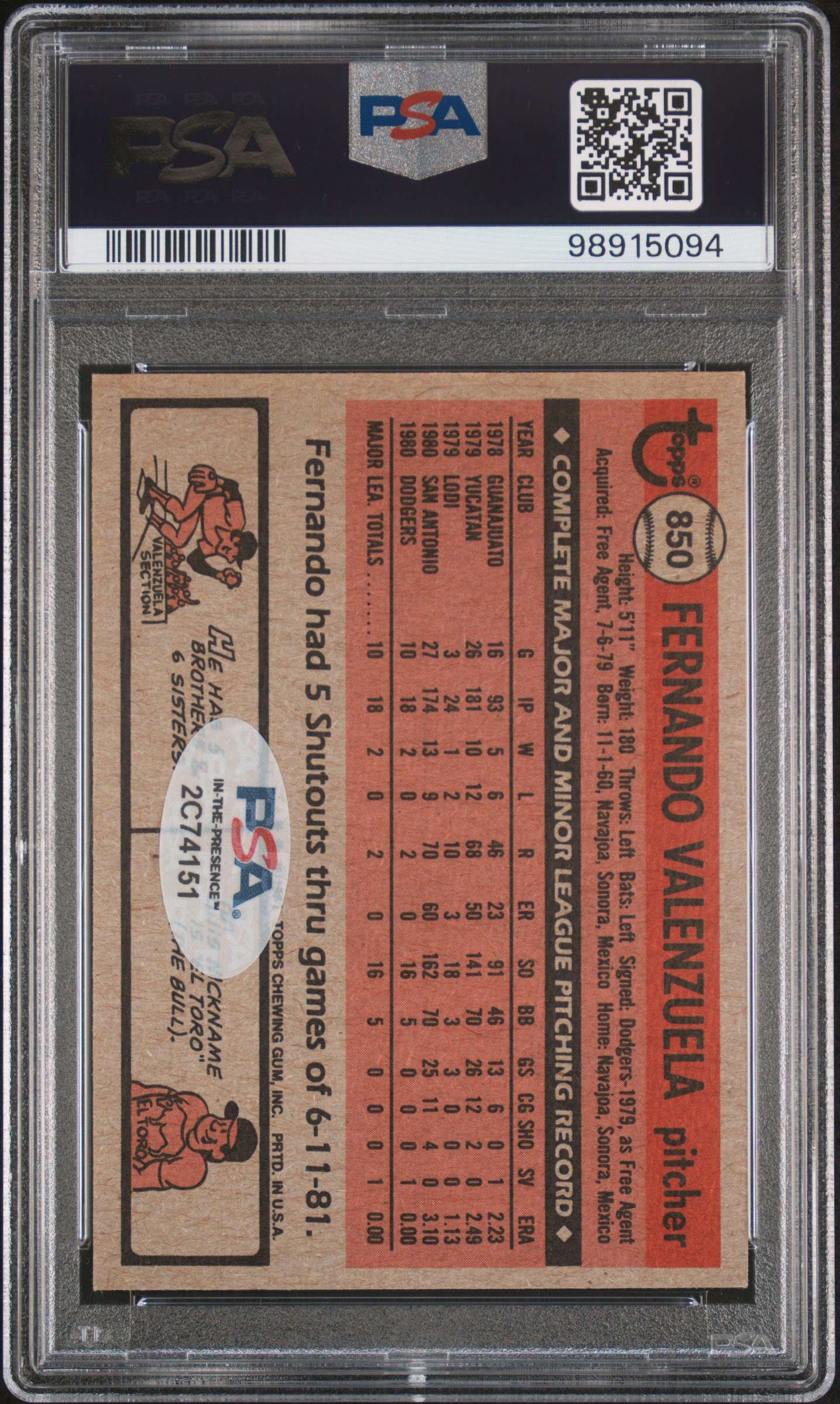 1981 Topps Traded #850 Fernando Valenzuela Rookie Card – PSA 7 / Auto 10 (PSA/DNA) — Ultra Rare Dual Grade | POP 7