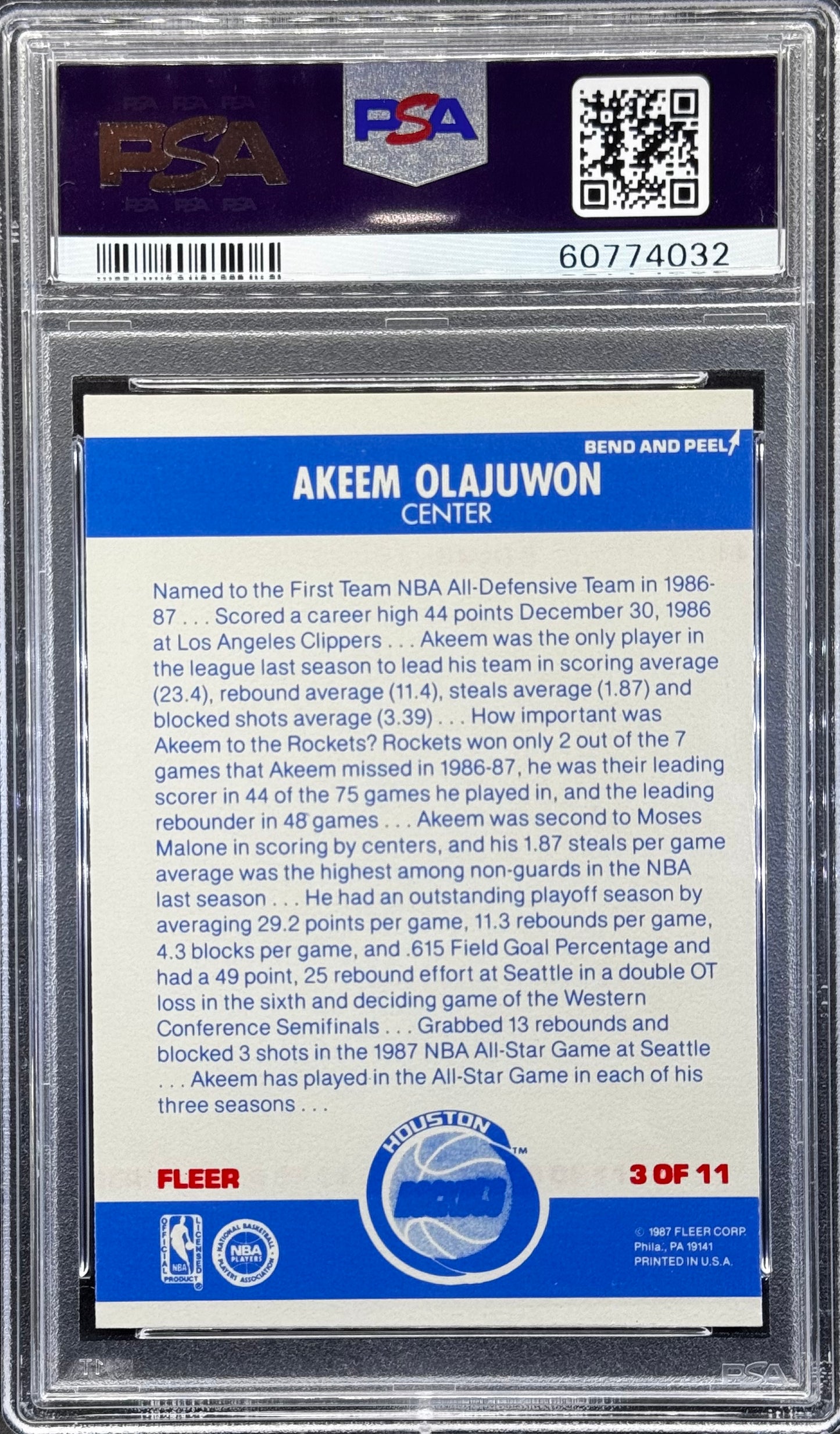 Akeem Olajuwon 1987 Fleer Sticker #3 PSA 7