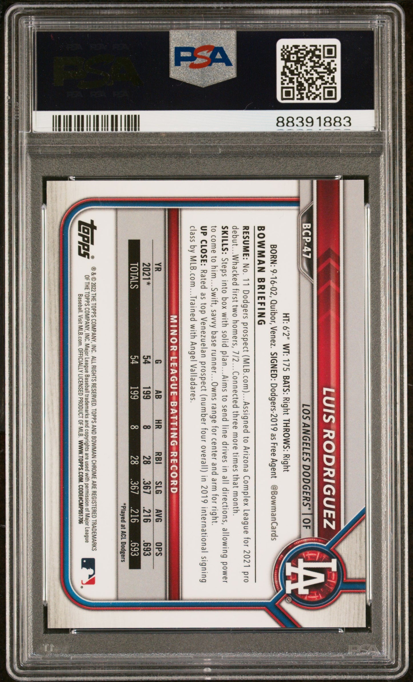 Luis Rodriguez 2022 Bowman Chrome Prospects #BCP47 Gold Shimmer Refractor PSA 10