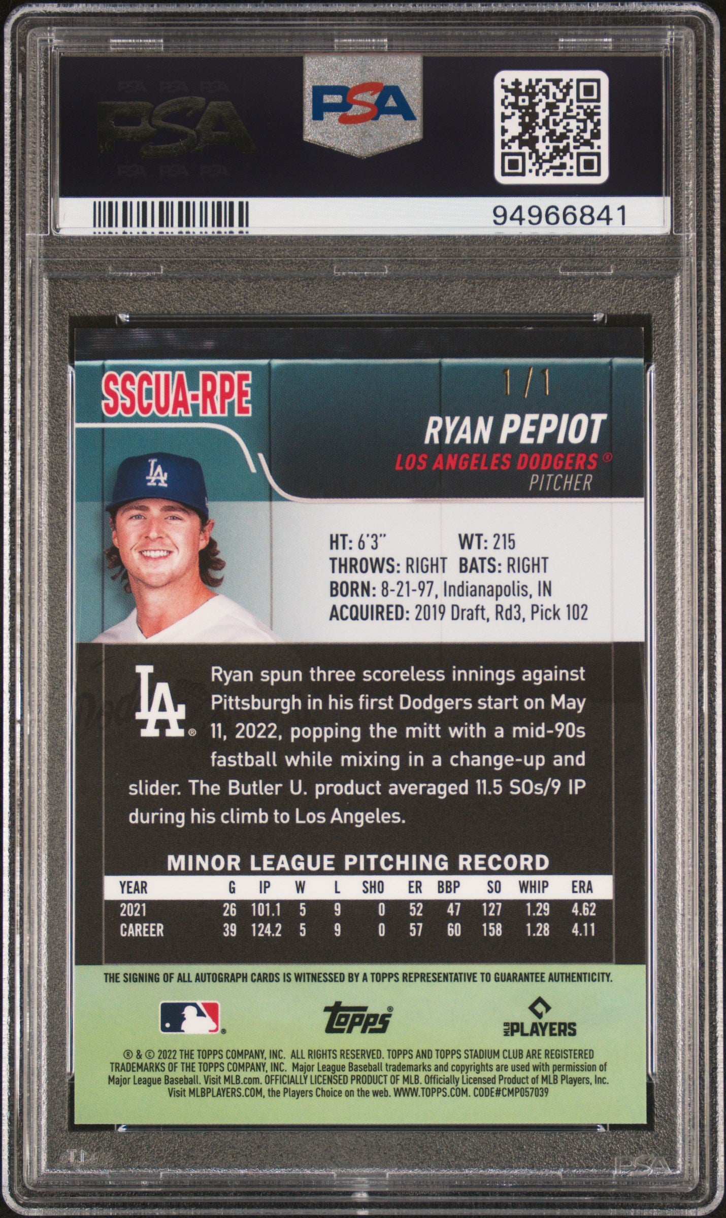 Ryan Pepiot 2022 Topps Stadium Club Chrome Auto 1/1 Superfractor