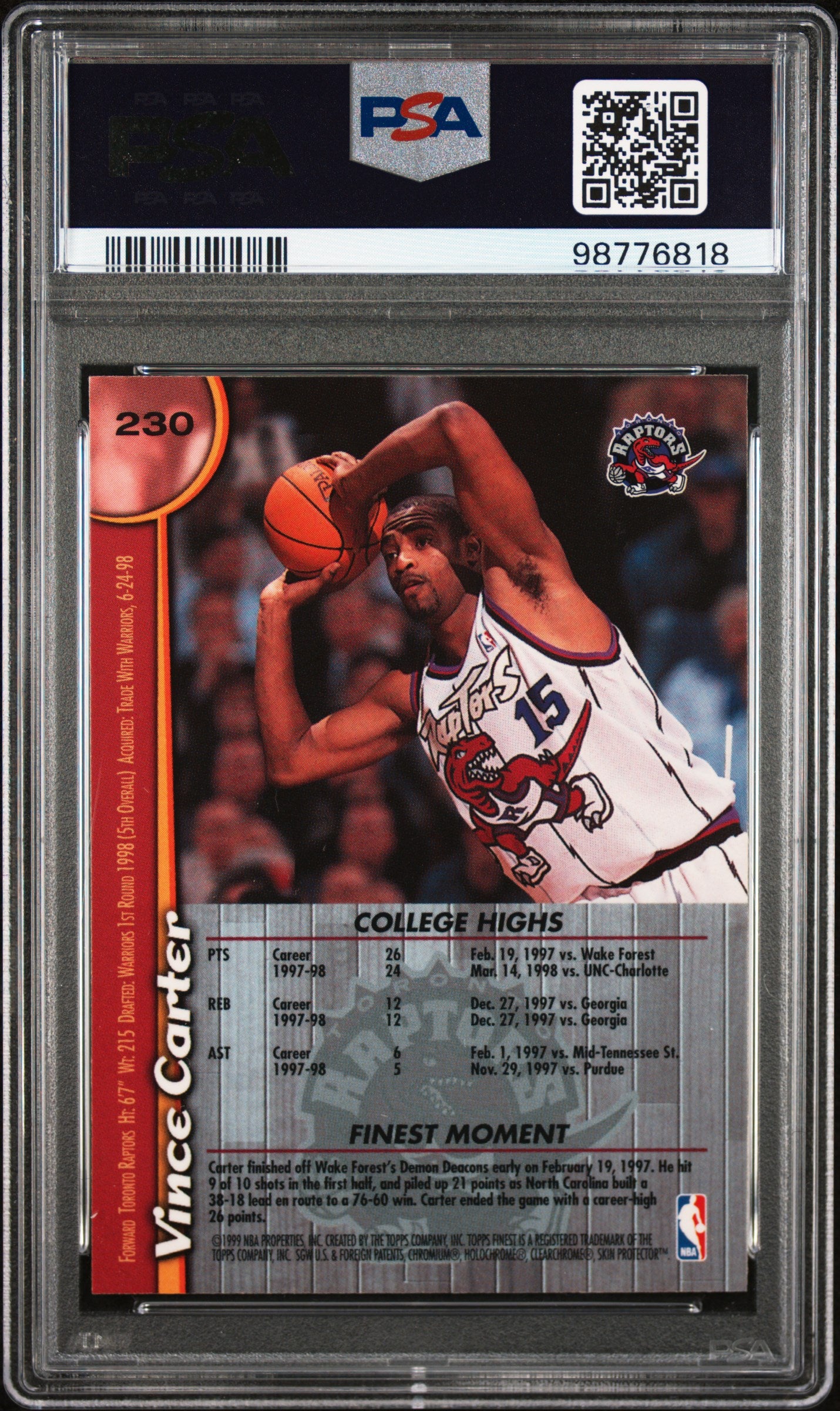 Vince Carter 1998 Finest #230 W Coating PSA 9