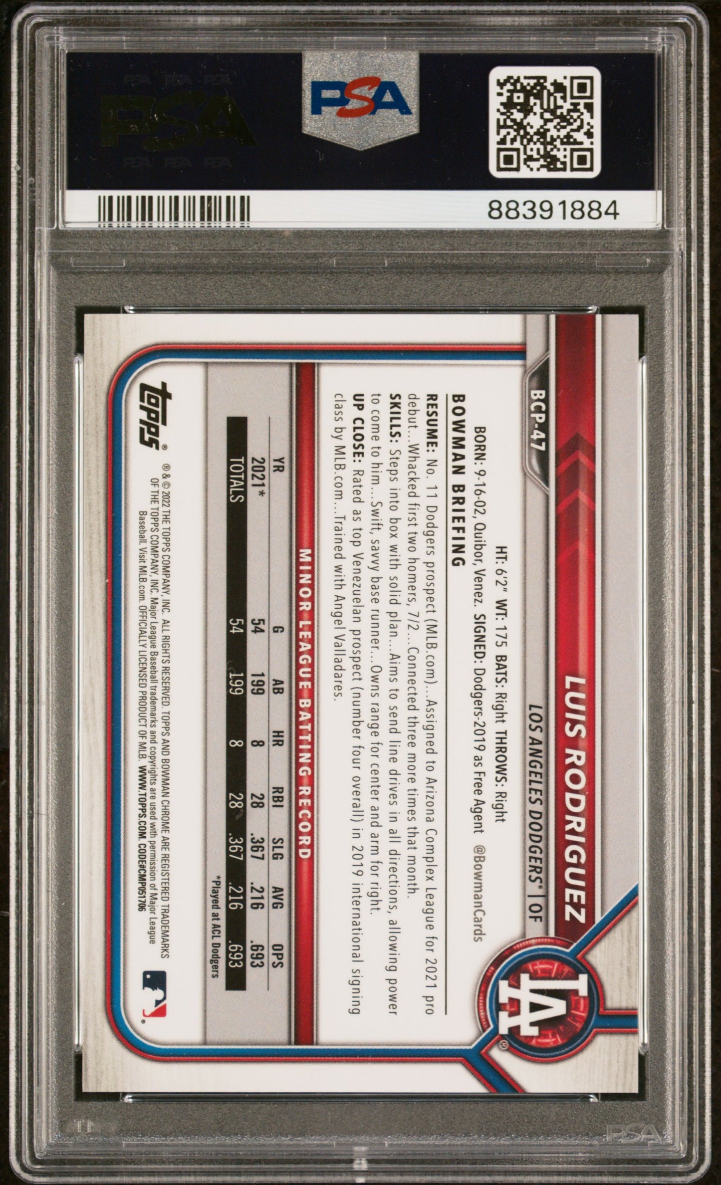 Luis Rodriguez 2022 Bowman Chrome Prospects #BCP47 Gold Shimmer Refractor PSA 10