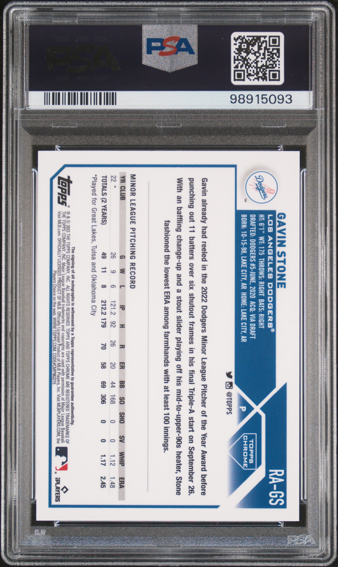 Gavin Stone 2023 Topps Chrome Update Autograph #RAGS Orange Wave Ref PSA 10