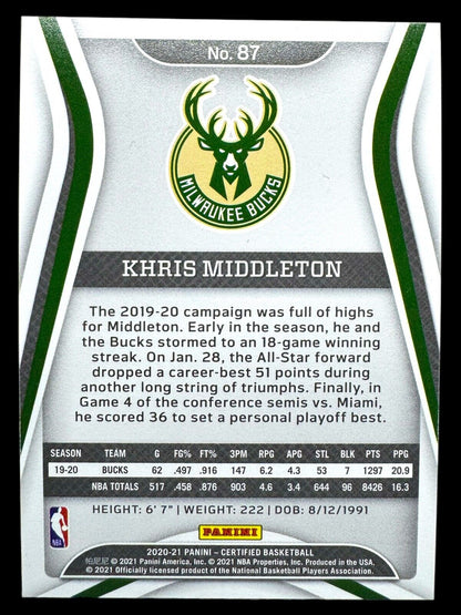 Khris Middleton 2020-21 Panini Certified Mirror Blue #87 Milwaukee Bucks