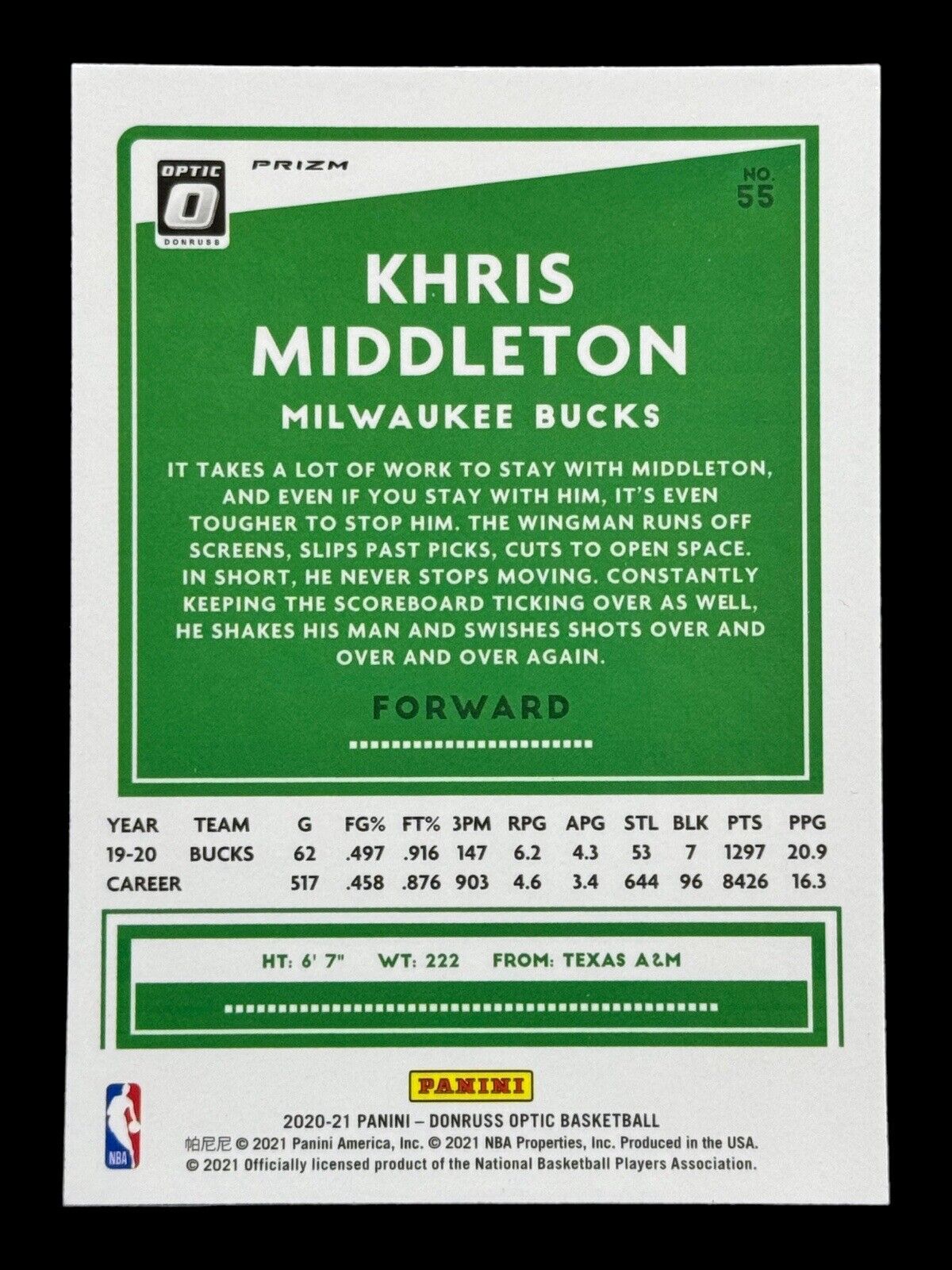 Khris Middleton 2020-21 Donruss Optic #55 Purple Shock Milwaukee Bucks
