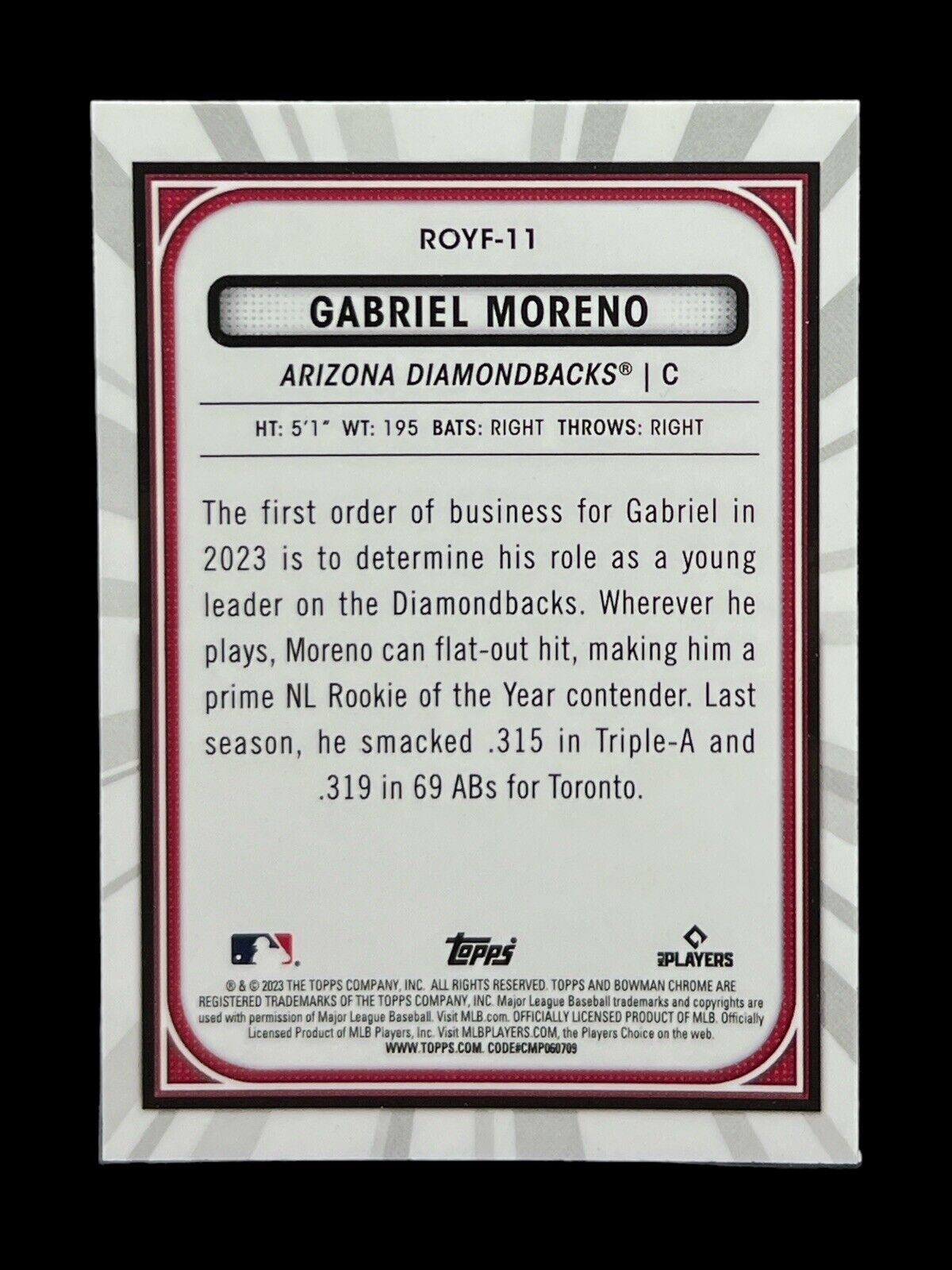 Gabriel Moreno 2023 Bowman Rookie of the Year Favorites #ROYF-11 Arizona Dbacks