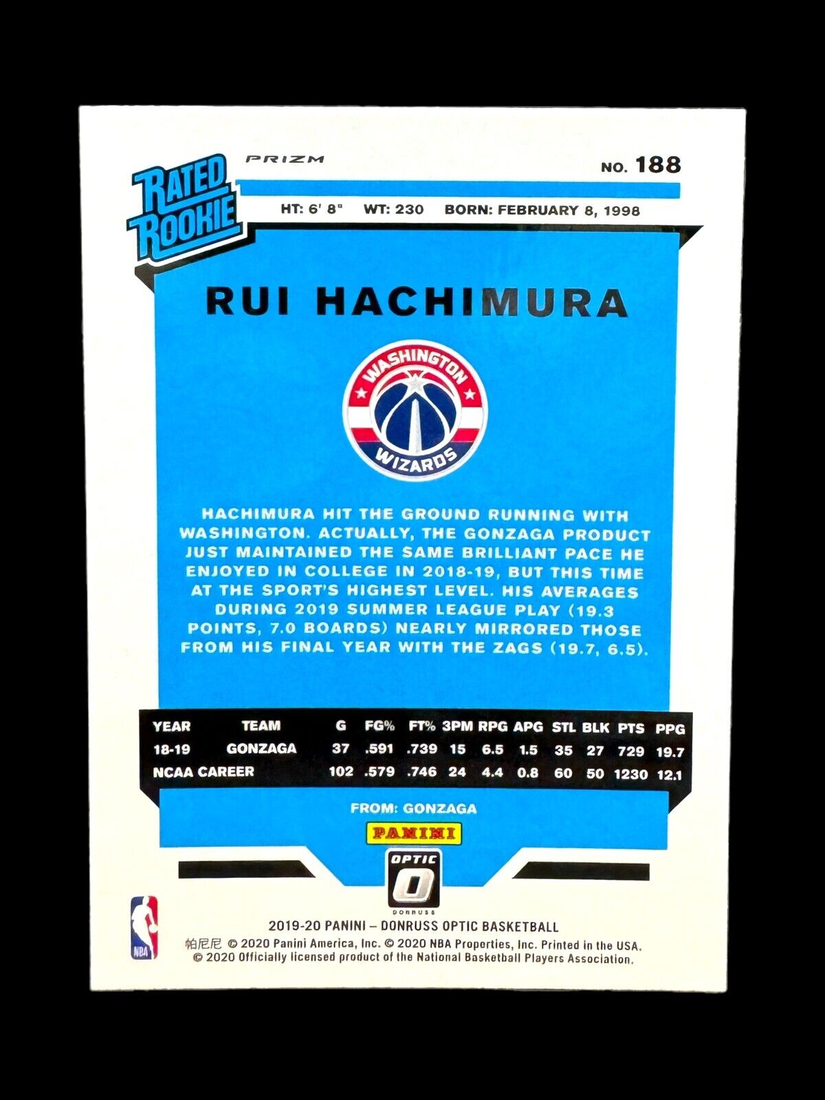 Rui Hachimura 2019 Optic Blue Velocity Rated Rookie RC #188
