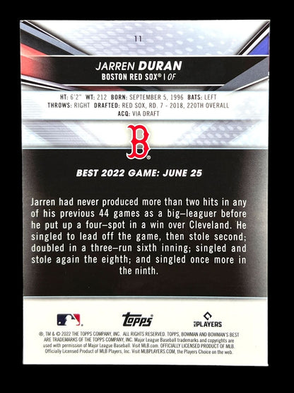 2022 Bowman's Best 11 Jarren Duran RC Rookie Refractor Boston Red Sox Card