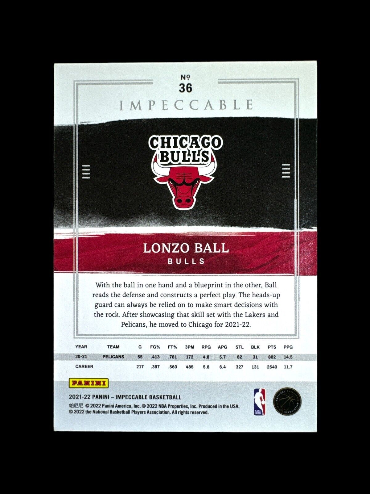 LONZO BALL 2021-22 IMPECCABLE ASIA RED JERSEY COLOR MATCH CHICAGO BULLS