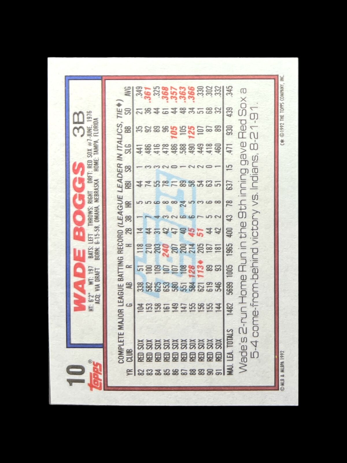 1992 Topps #10 Wade Boggs