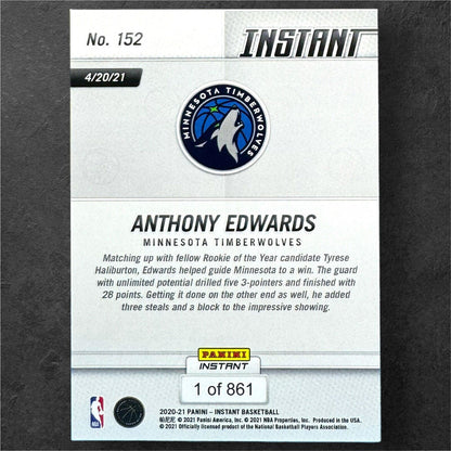 2020-21 NBA Panini Instant RC 152 Anthony Edwards ROOKIE CARD Timberwolves /861