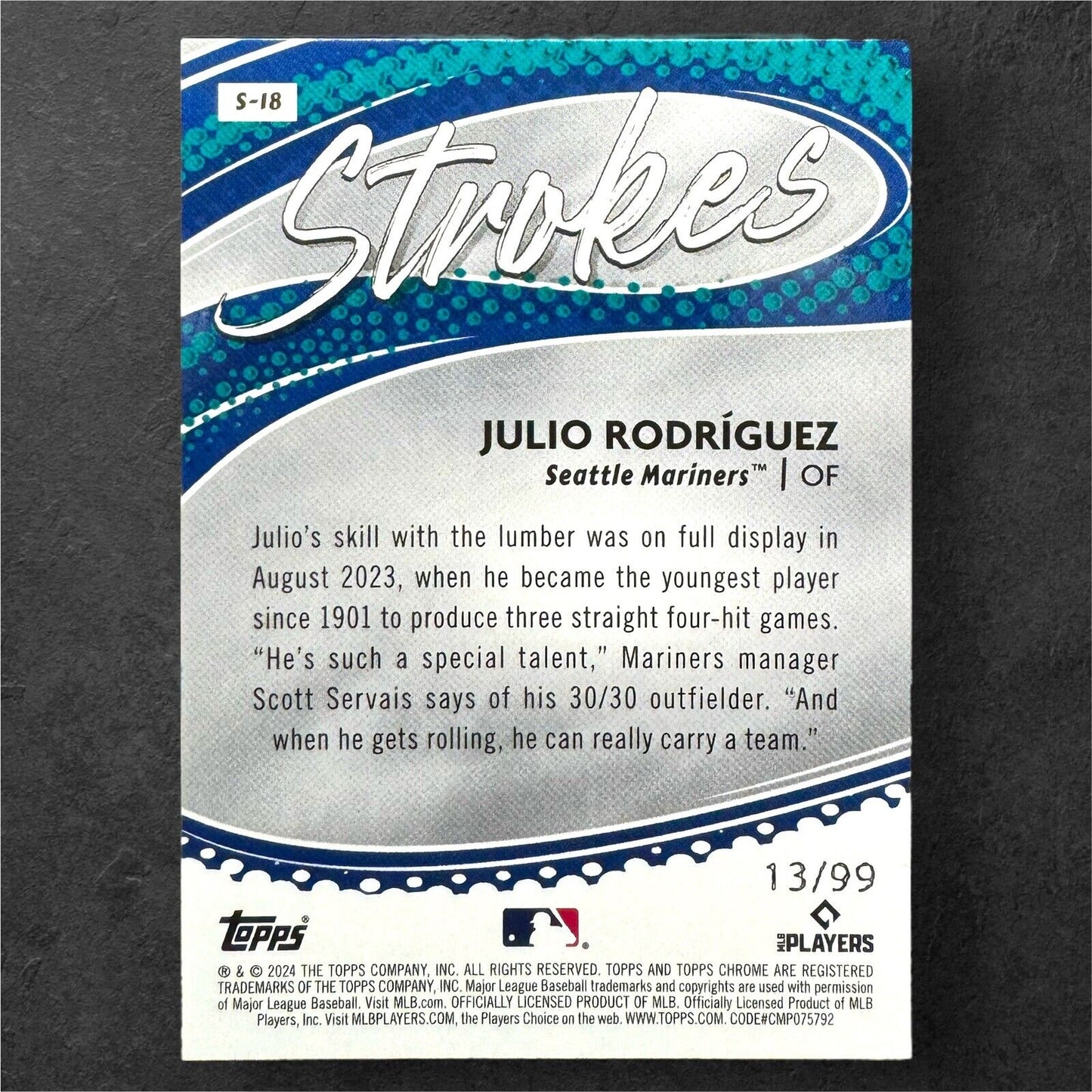 Julio Rodriguez 2024 Topps Chrome Strokes Green Refractor /99 Seattle Mariners