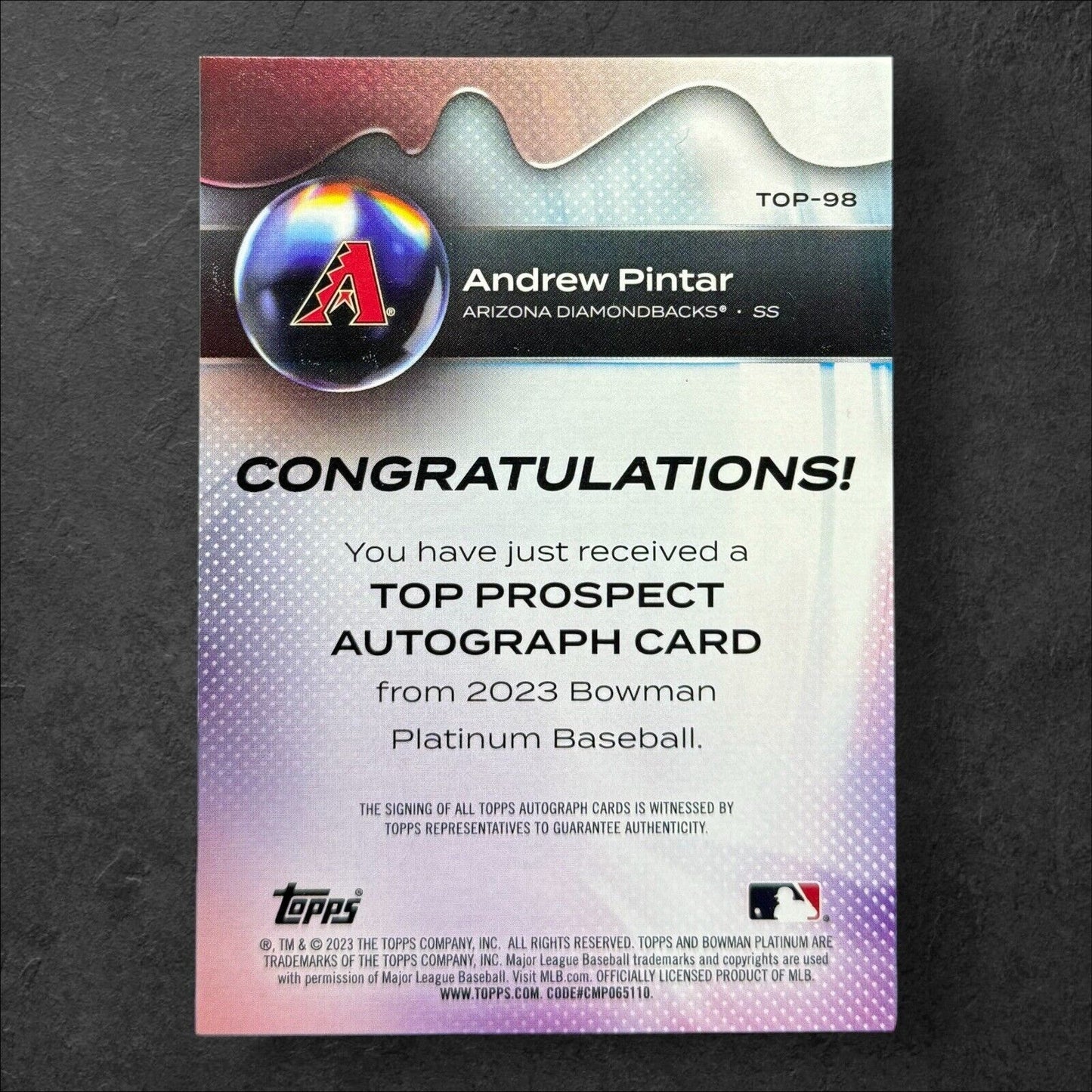 2023 Bowman Platinum Top Prospects #TOP-98 Andrew Pintar Auto Rainbow Foil