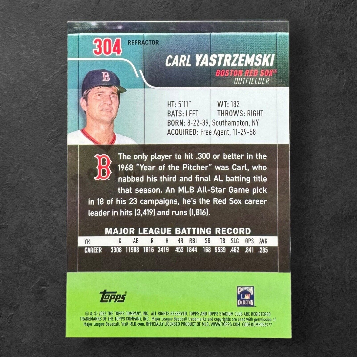 Carl Yastrzemski 2022 Stadium Club Chrome #304  Refractor Boston Red Sox