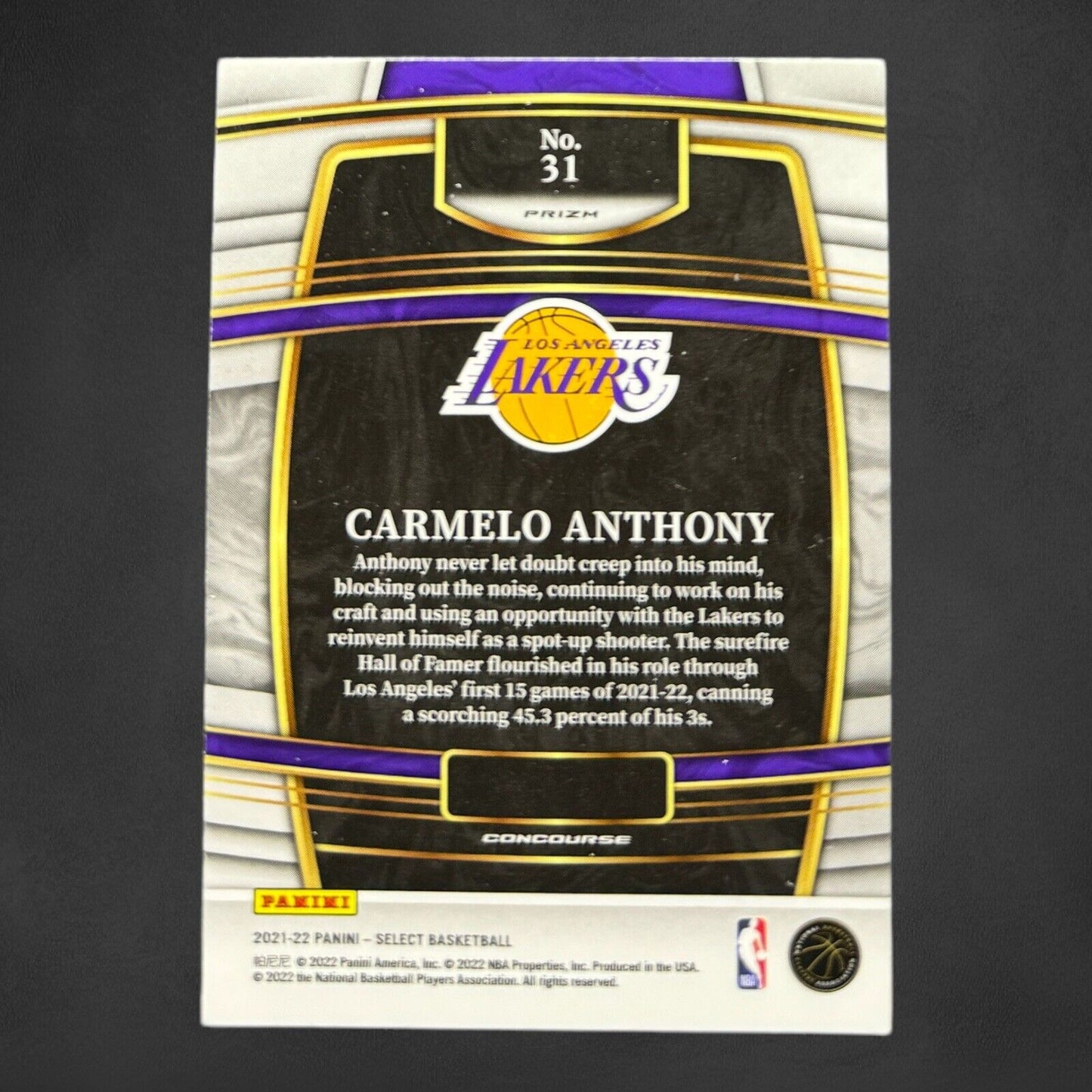 Carmelo Anthony 2021-22 Select Basketball #31 Blue Shimmer Prizm Lakers