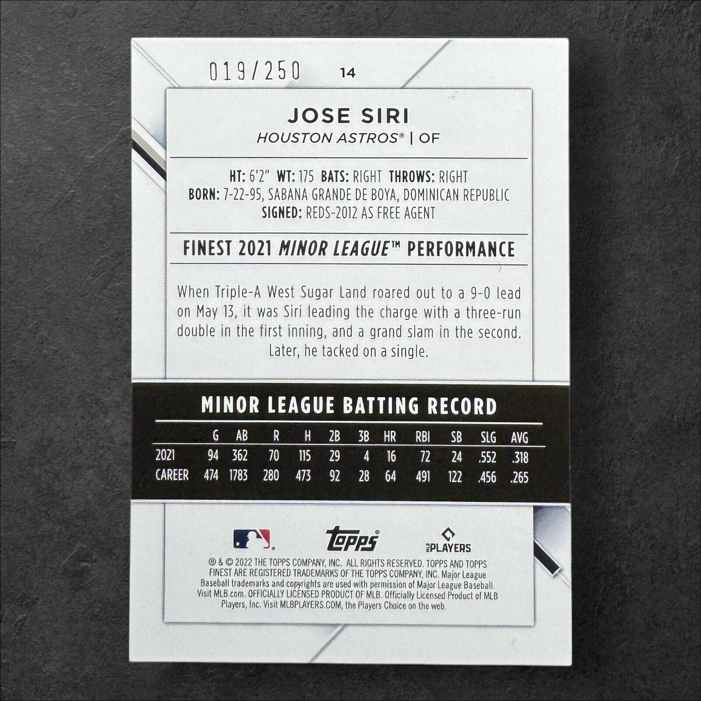 Jose Siri 2022 Topps Finest #14 Blue/Aqua Vapor Refractor /250 RC