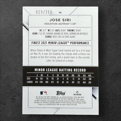 Jose Siri 2022 Topps Finest #14 Blue/Aqua Vapor Refractor /250 RC