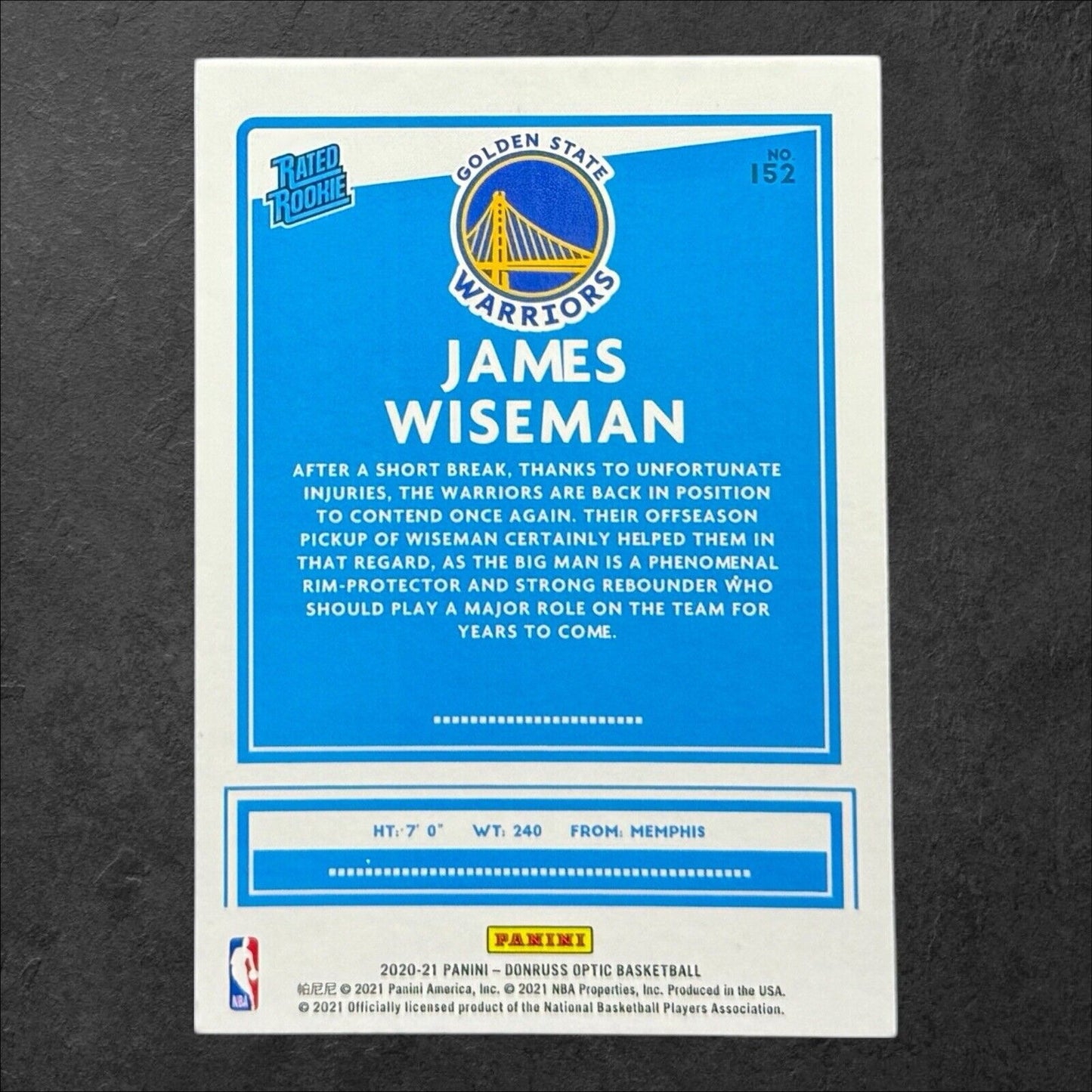 2020-21 Panini Donruss Optic James Wiseman Base Rated Rookie Warriors RC