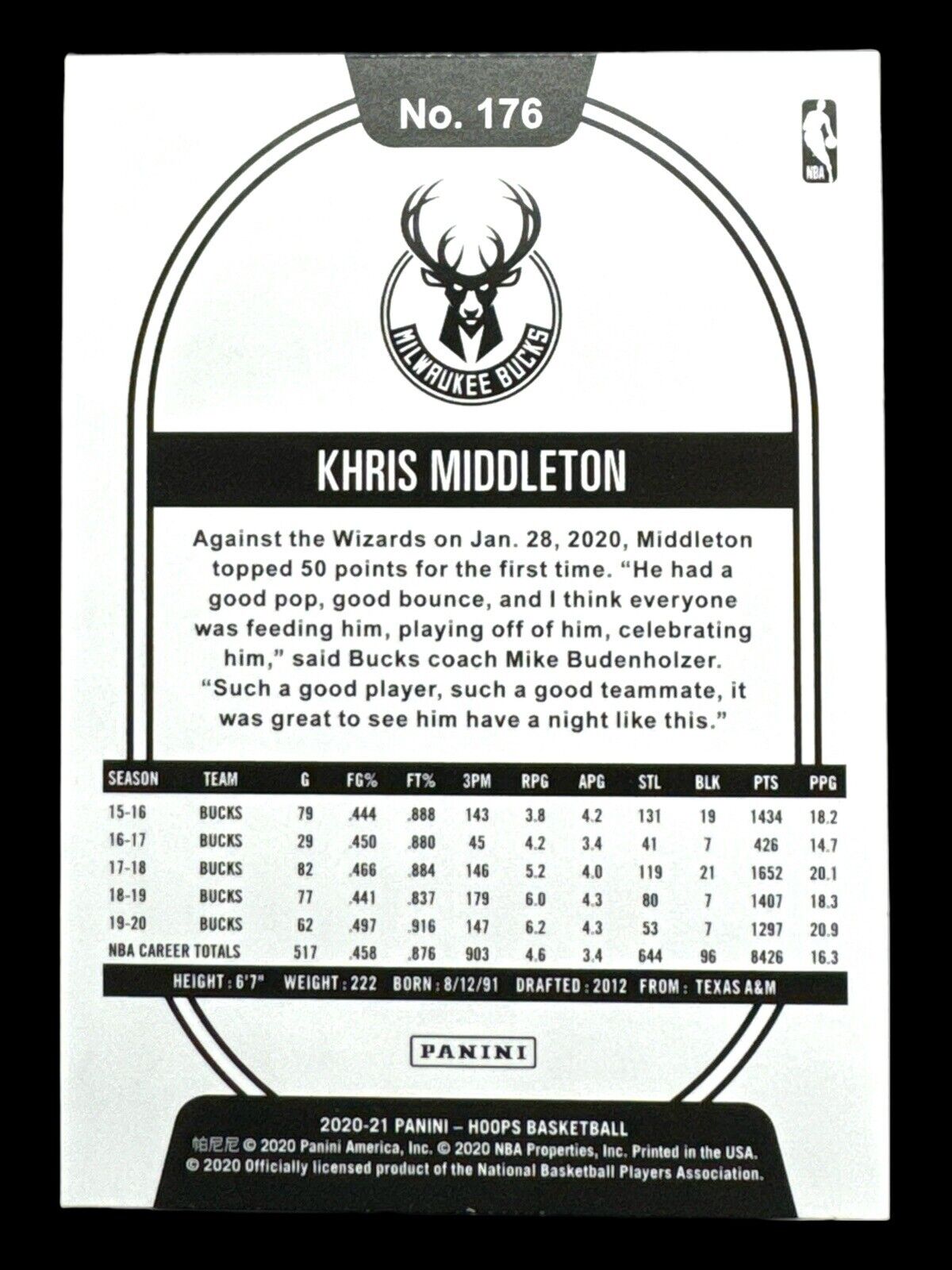 KHRIS MIDDLETON 2020-21 HOOPS PURPLE EXPLOSION #176 MILWAUKEE BUCKS