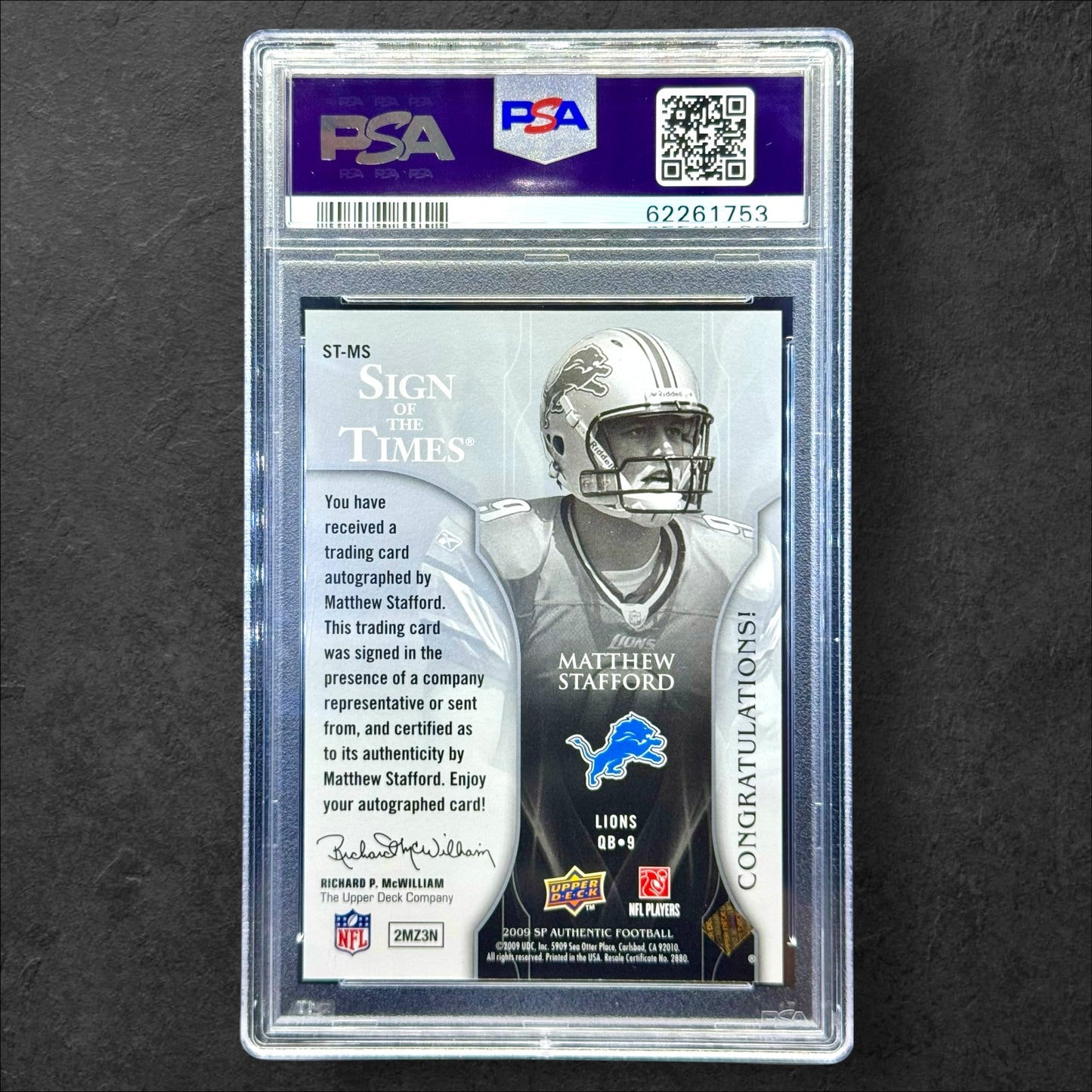 2009 SP Authentic Sign Of The Times Matthew Stafford #ST-MS PSA 9